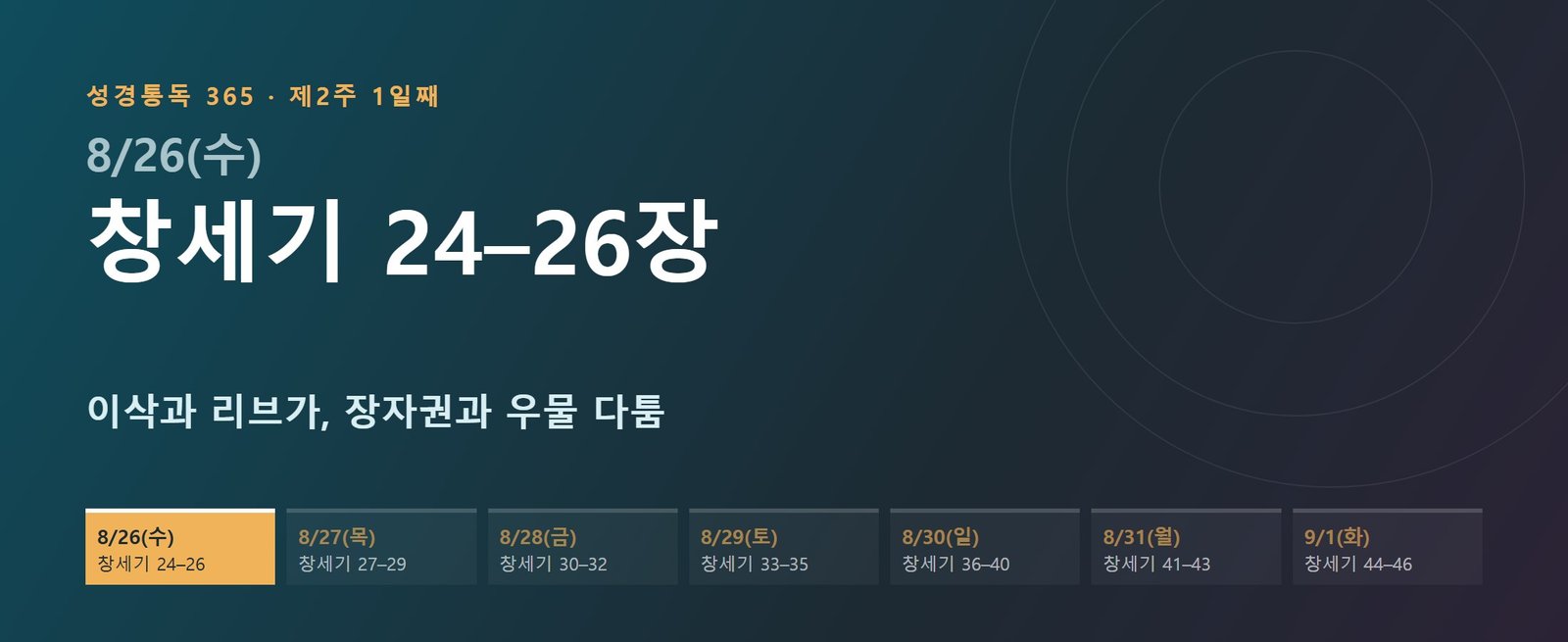 창세기 24–26장 성경통독 해설 — 이삭과 리브가, 장자권과 우물 다툼 (제2주 1일째)
