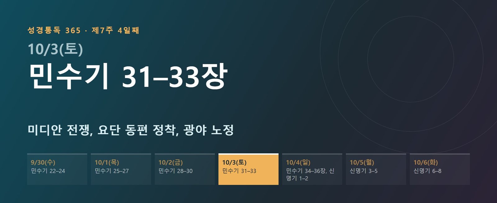 민수기 31–33장 성경통독 해설 — 미디안 전쟁, 요단 동편 정착, 광야 노정 (제7주 4일째)