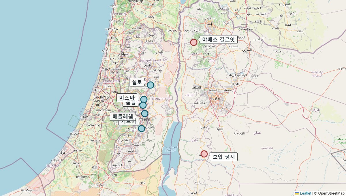 사사기 20–21장, 룻기 1장 본문의 장소를 표시한 지도